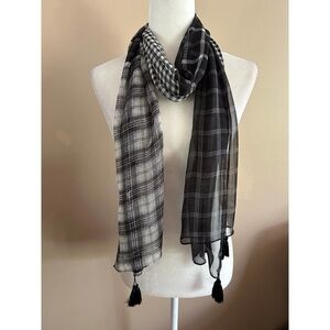 J. Jill Black & White Checkered Large Sheer Tassels Scarf Wrap Mixed Plaid Print